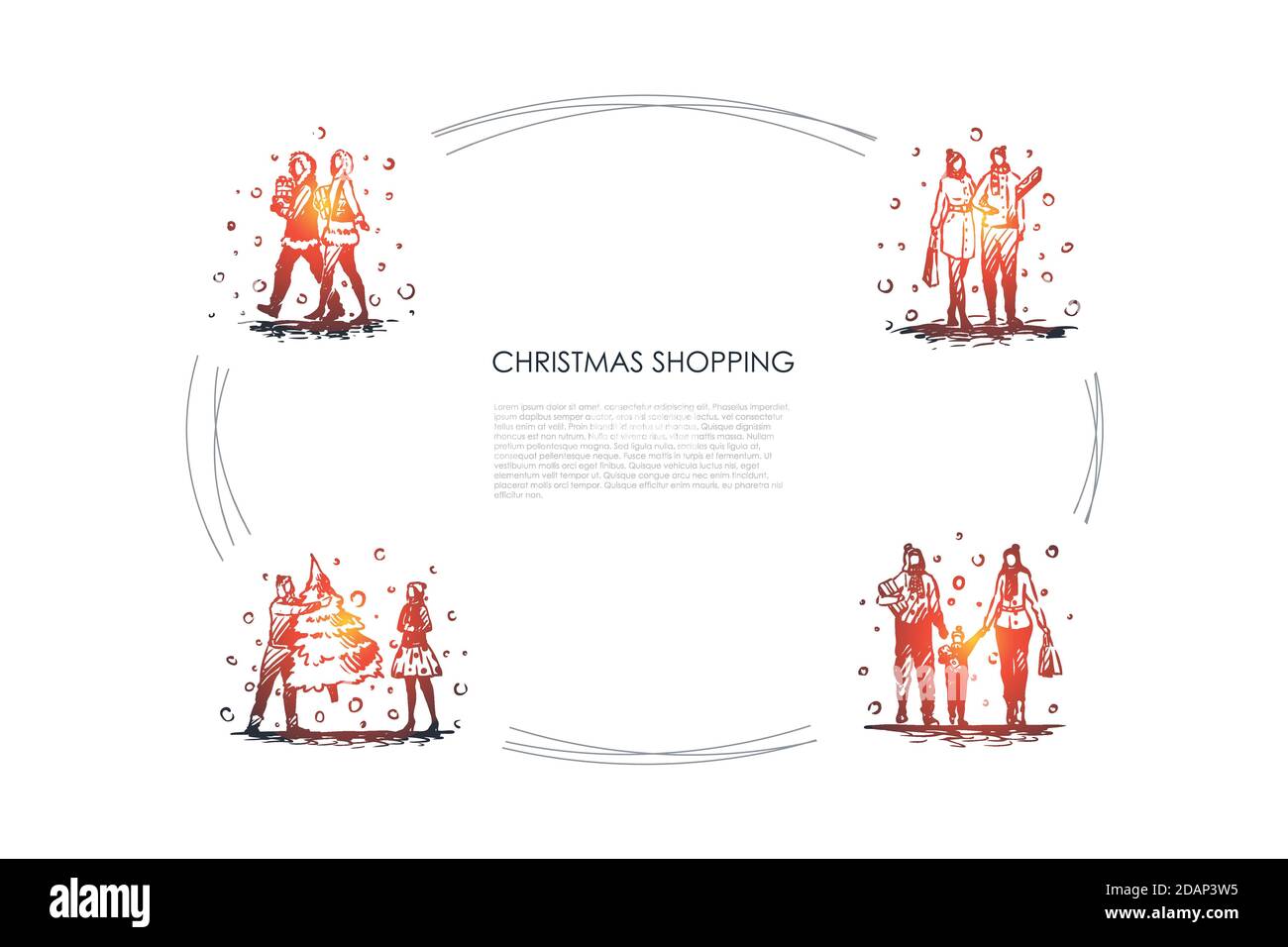 Christmas shopping - people walking with christmas presents, new year tree and bags vector concept set Stock Vector