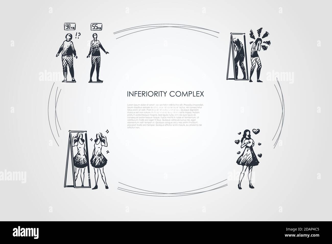 Inferiority complex - women with inferiority complex not satisfied with weight and appearance vector concept set Stock Vector