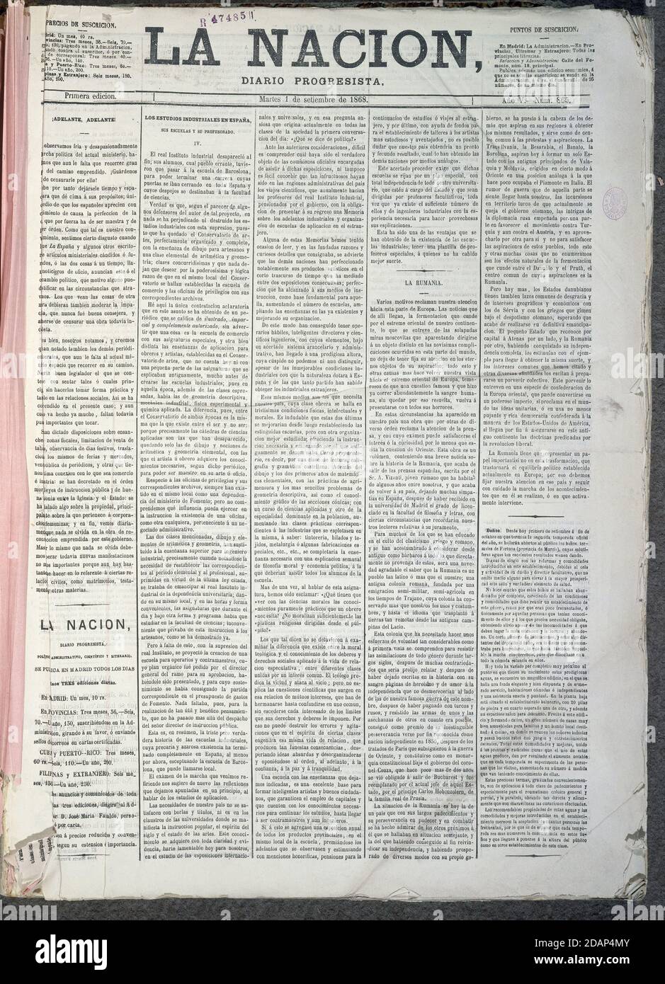 LA NACION 1868. Location: BIBLIOTECA NACIONAL-COLECCION. MADRID. SPAIN. Stock Photo