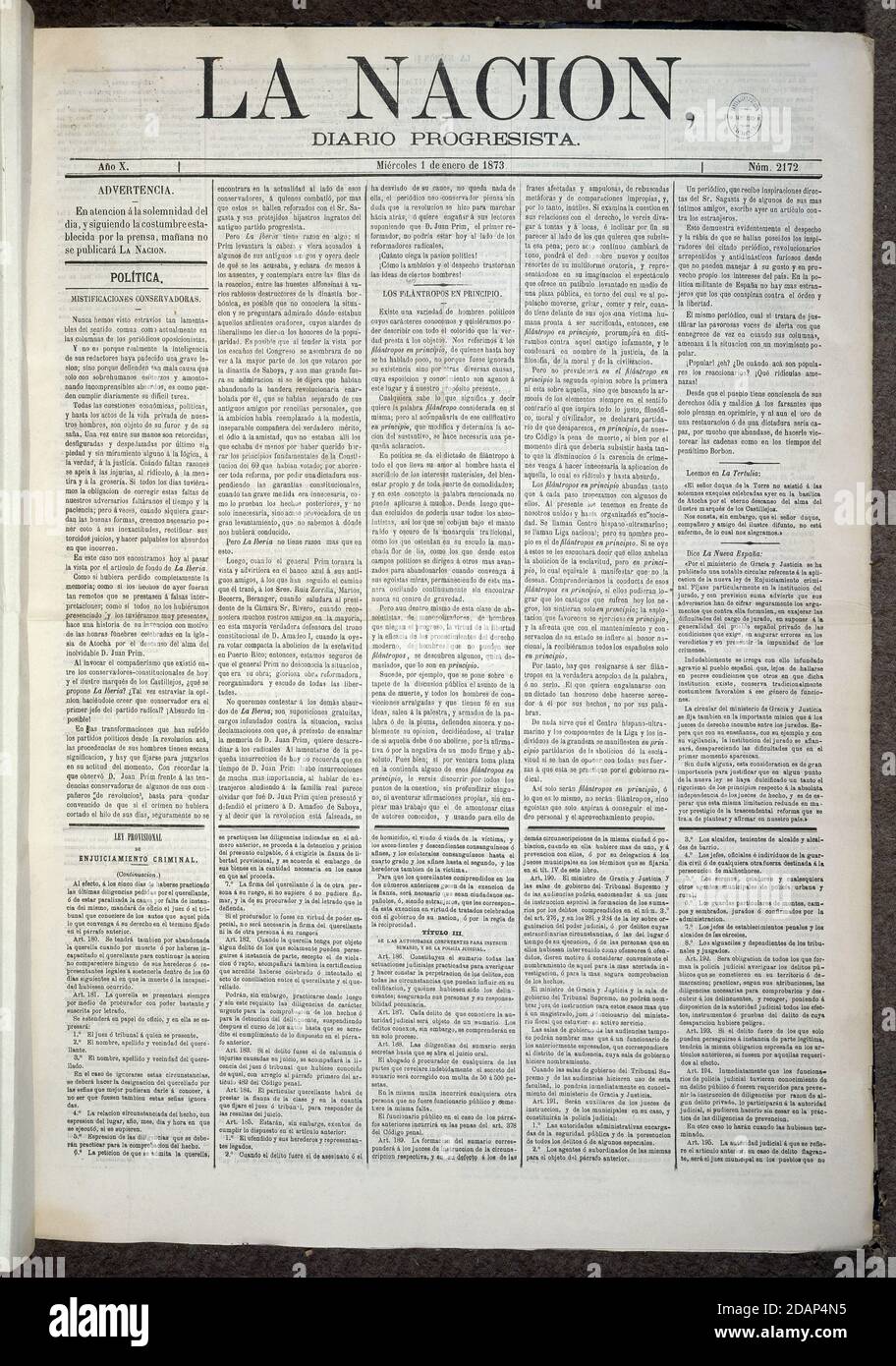 LA NACION 1873. Location: BIBLIOTECA NACIONAL-COLECCION. MADRID. SPAIN. Stock Photo