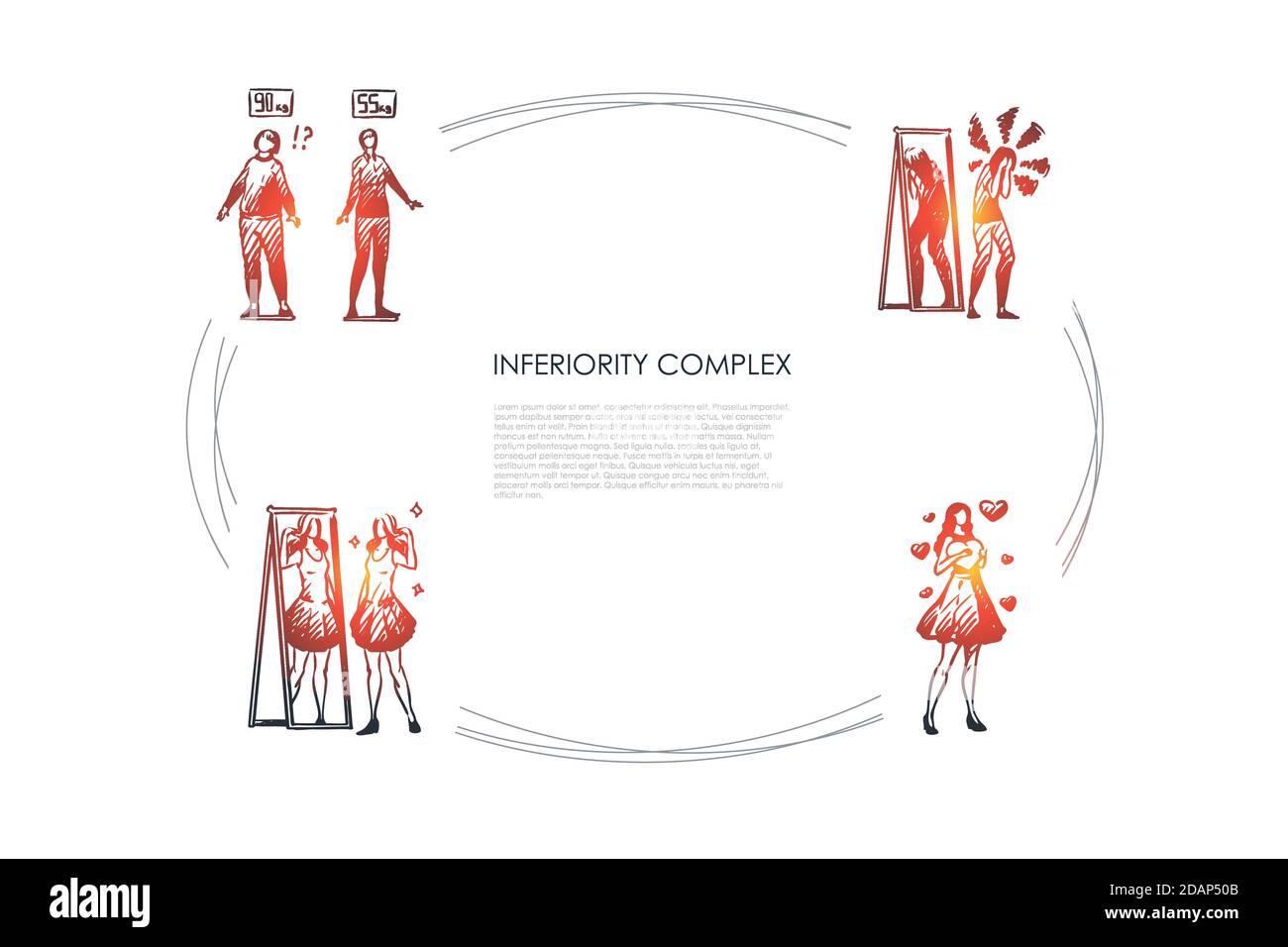 Inferiority complex - women with inferiority complex not satisfied with weight and appearance vector concept set Stock Vector