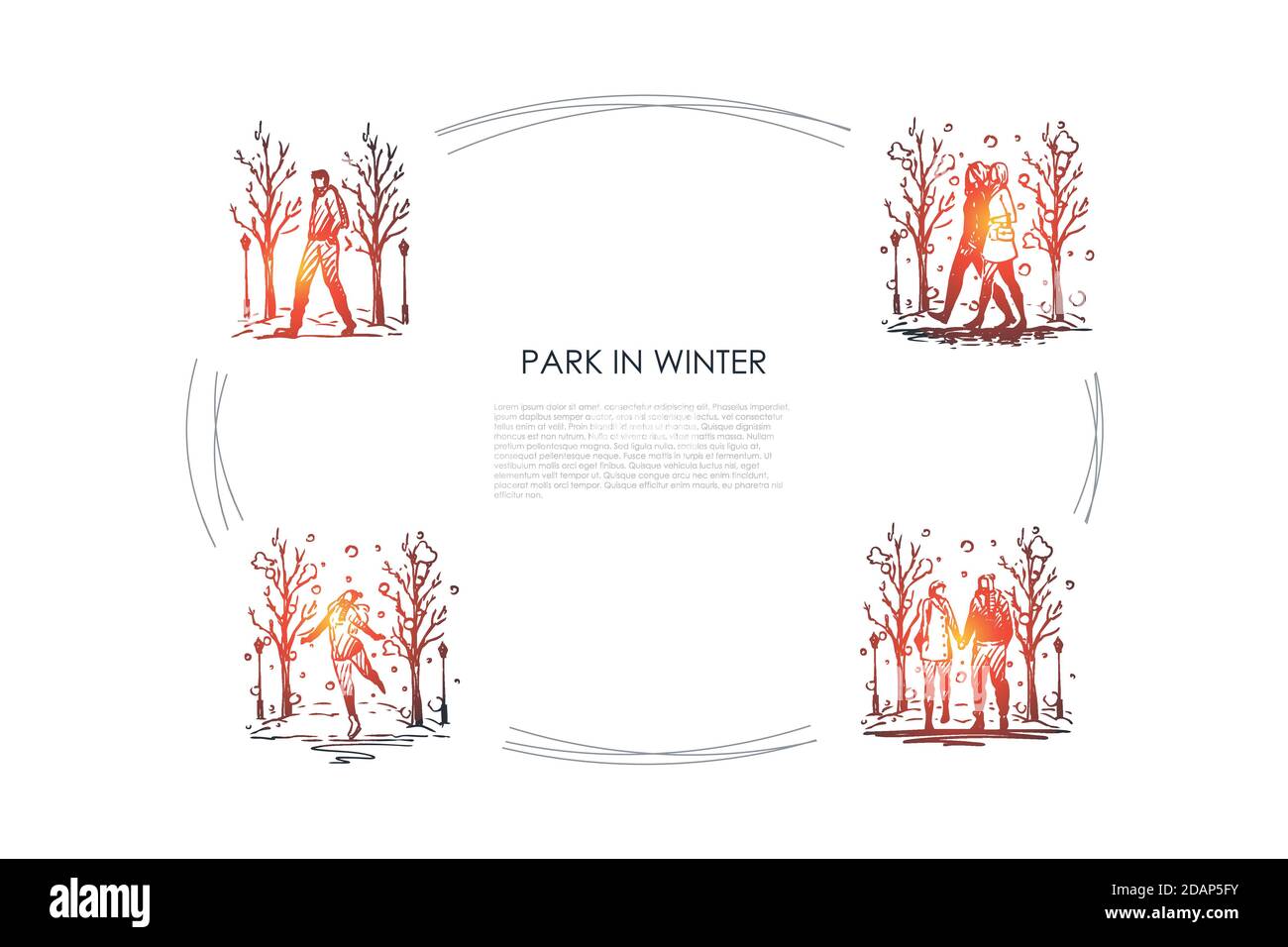 Park in winter - people walking in park in winter vector concept set ...