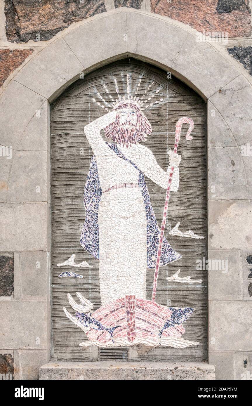 Sea shell mosaic on St Barr's church at Northbay, Barra in the Outer Hebrides. Stock Photo