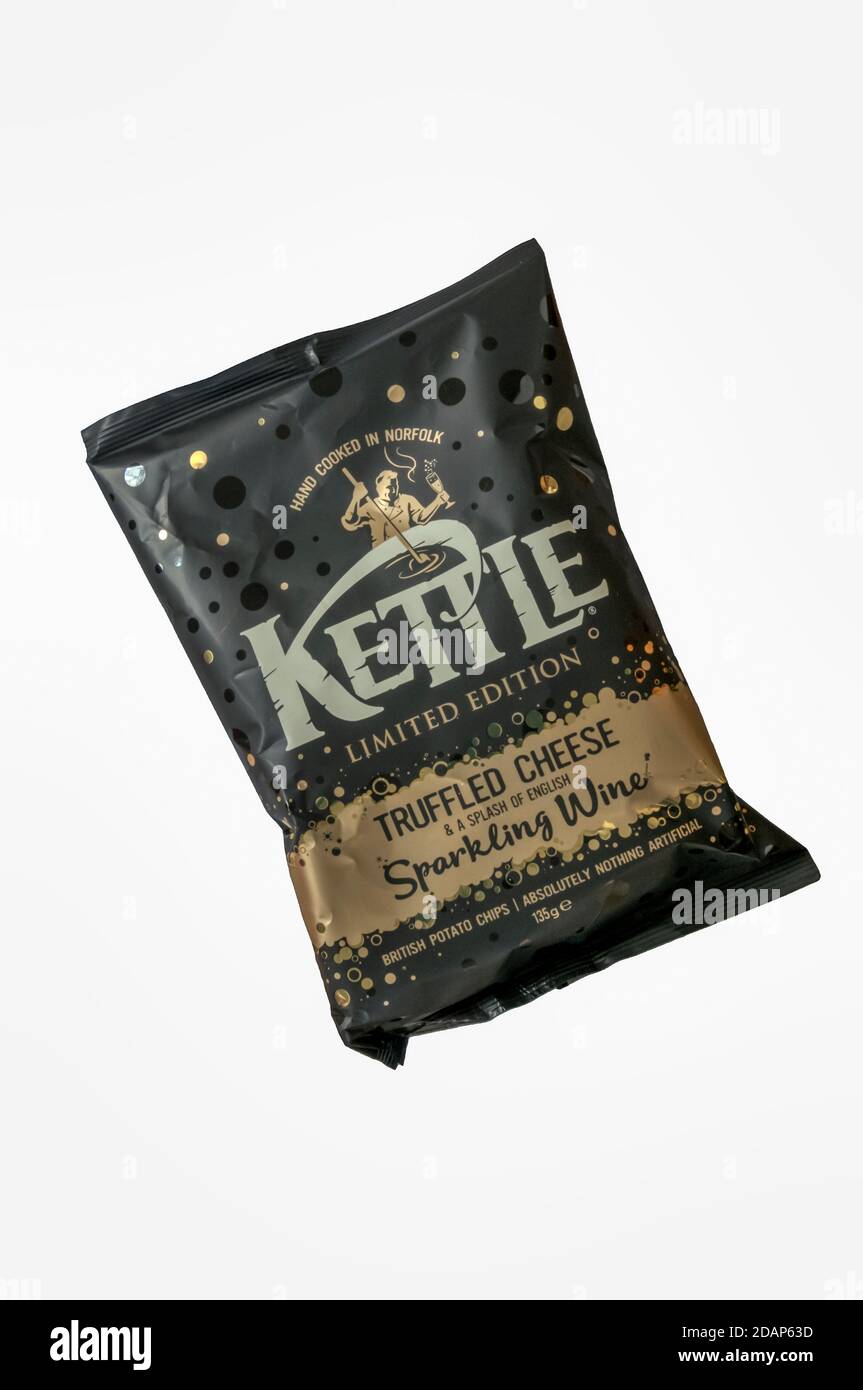 A packet of Truffled Cheese & Sparkling Wine limited edition Kettle Chips. Stock Photo