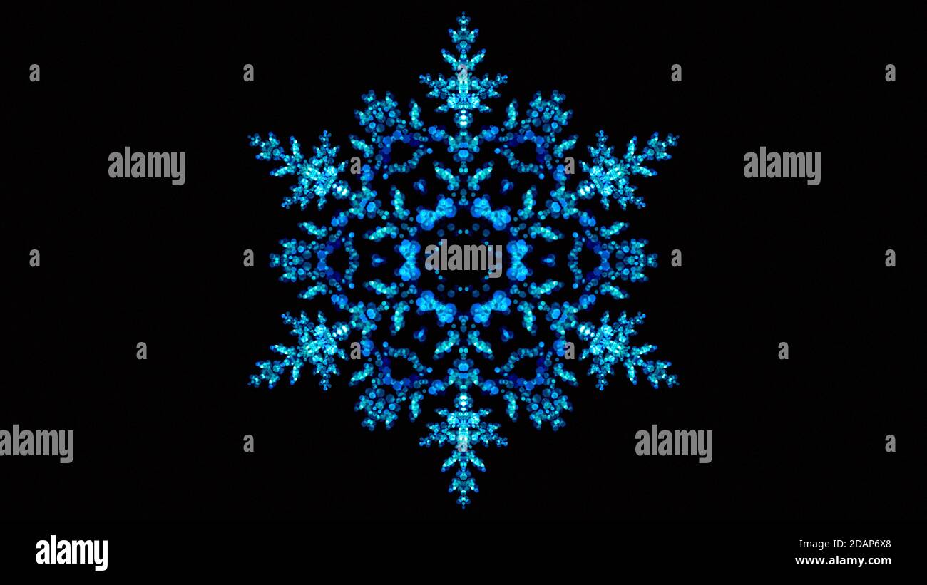A digital illustration of a winter blue ice snowflake pattern with bokeh lights effect. Stock Photo