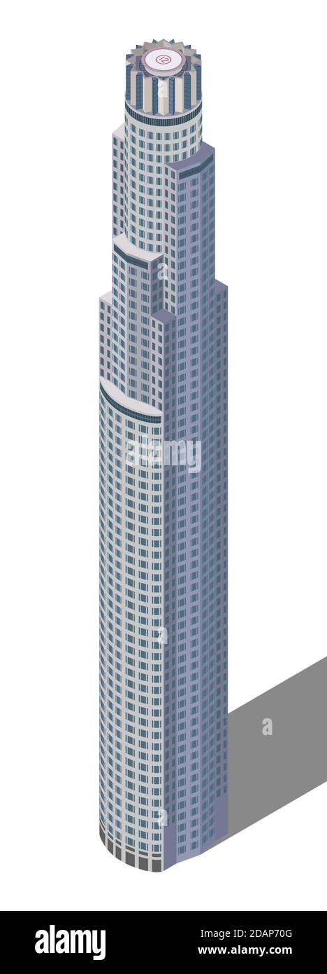US Bank tower is made in an isometric style. The tallest tower in Los Angeles. The building of a large American Bank. Vector. SkySpace building. Stock Vector
