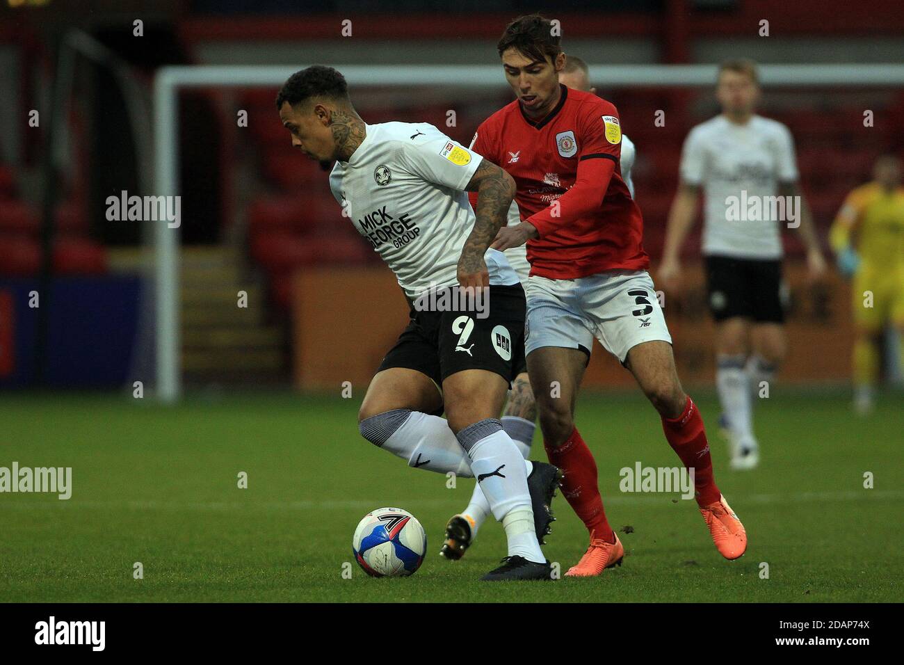 Crewe, UK. 14th Nov, 2020. Jonson Clarke-Harris of Peterborough United (L) in action with Harry Pickering of Crewe Alexandra (R). EFL Skybet football league one match, Crewe Alexandra v Peterborough Utd at the Alexandra Stadium in Crewe, Cheshire on Saturday 14th November 2020. this image may only be used for Editorial purposes. Editorial use only, license required for commercial use. No use in betting, games or a single club/league/player publications. pic by Steffan Bowen/Andrew Orchard sports photography/Alamy Live news Credit: Andrew Orchard sports photography/Alamy Live News Stock Photo