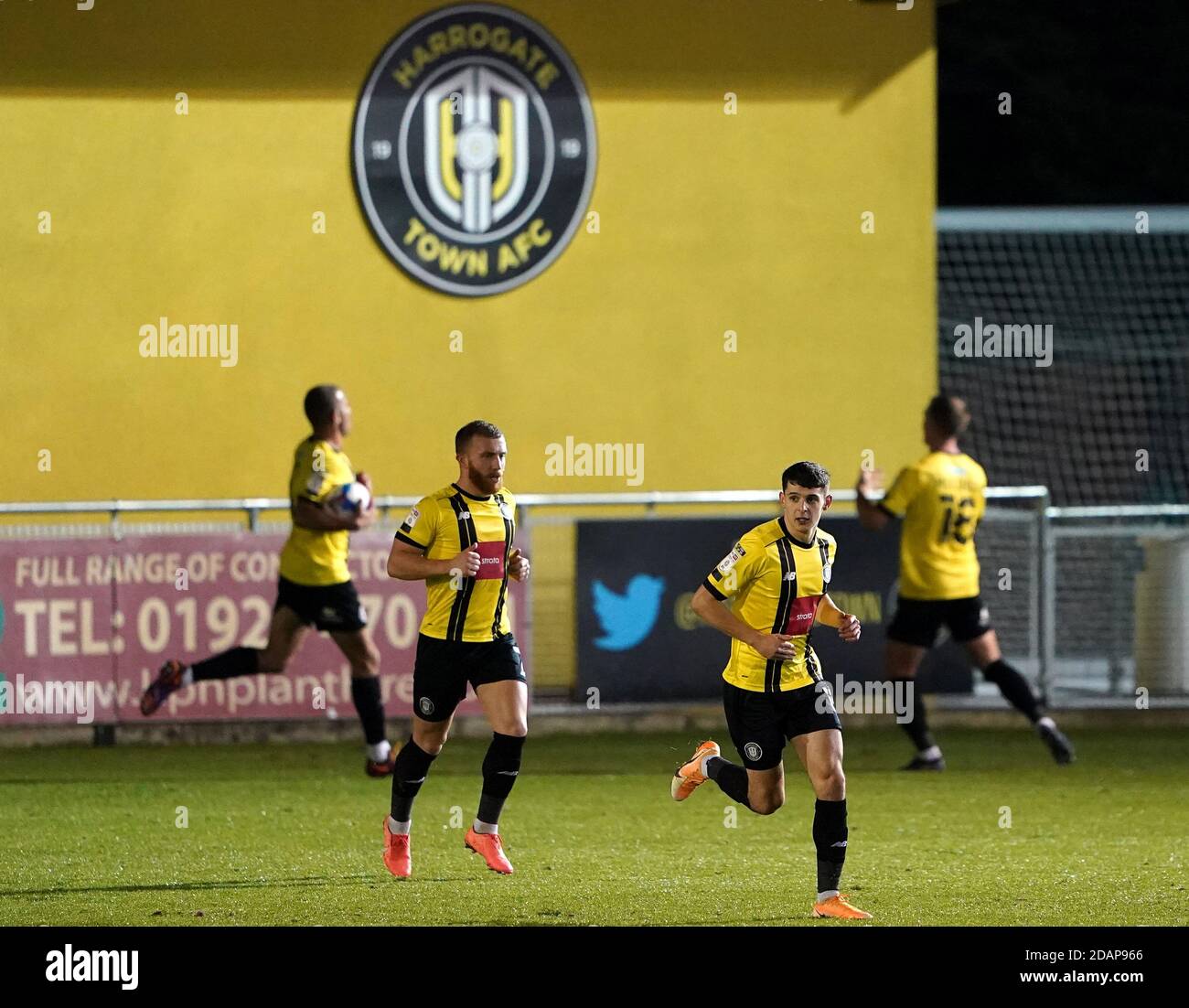 Harrogate Town players celebrate after scoring and equaliser during the Sky Bet League Two match at the EnviroVent Stadium, Harrogate. Stock Photo