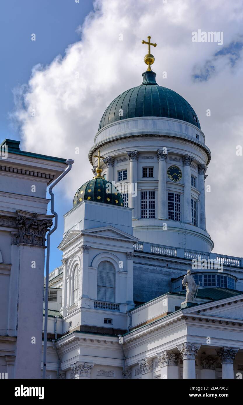 Main neoclassical green dome of white Helsinki Cathedral Stock Photo
