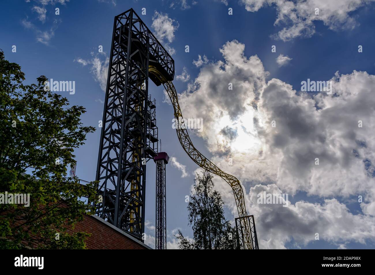 Ukko roller coaster rail track in amusement park Linnanmaki Stock Photo