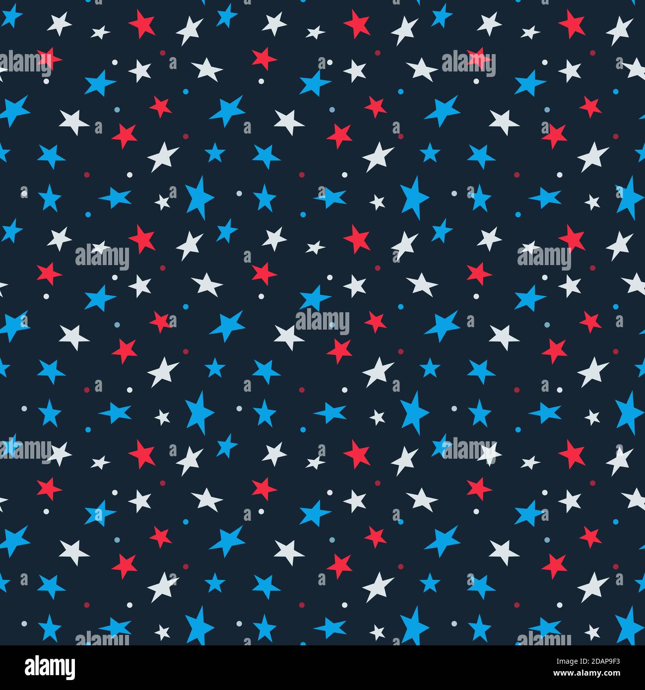 Red, blue, white confetti star seamless pattern on cyan blue background. Textile fabric dress, Birthday backdrop designs. Stock Vector
