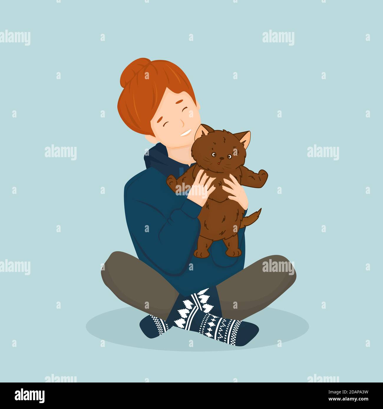 Red girl in hoodie and knitted christmas blue socks holds cute fluffy brown cat or kitten. Isolated cartoon hand drawn picture, blue background Stock Vector