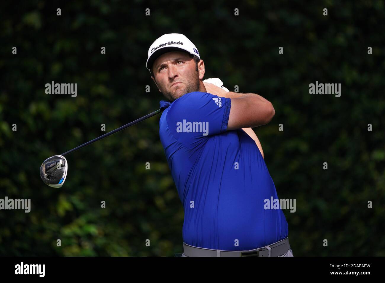 Augusta, United States. 14th Nov, 2020. Jon Rahm watches his drive off the second tee during the third round of the 2020 Masters golf tournament at Augusta National Golf Club in Augusta, Georgia on Saturday, November 14, 2020. Photo by Kevin Dietsch/UPI Credit: UPI/Alamy Live News Stock Photo