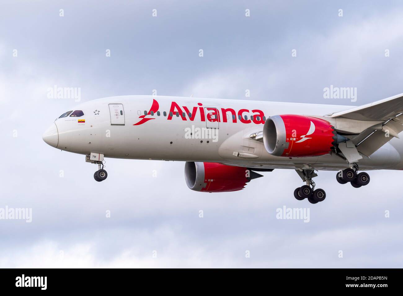 Avianca Boeing 787 jet airliner plane N791AV on approach to land at London Heathrow Airport, UK, during COVID 19 lockdown. Colombian airline Stock Photo