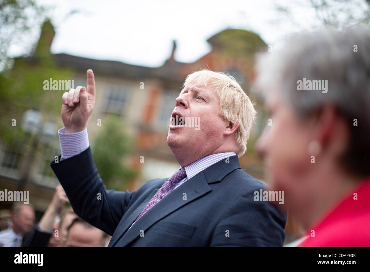 Boris Johnson and his Battle Bus on the BREXIT referendum campaign in Stafford, England. Johnson was later to become Prime Minister with Cummings Stock Photo