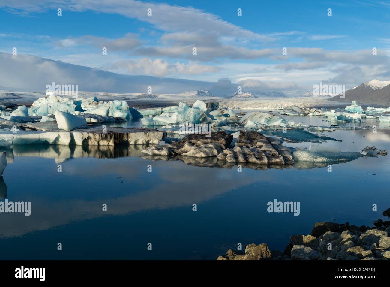 Amazing iceberg formations at Jokulsalron glacier lagoon landscape of Iceland, frozen land showing the climate changes Stock Photo