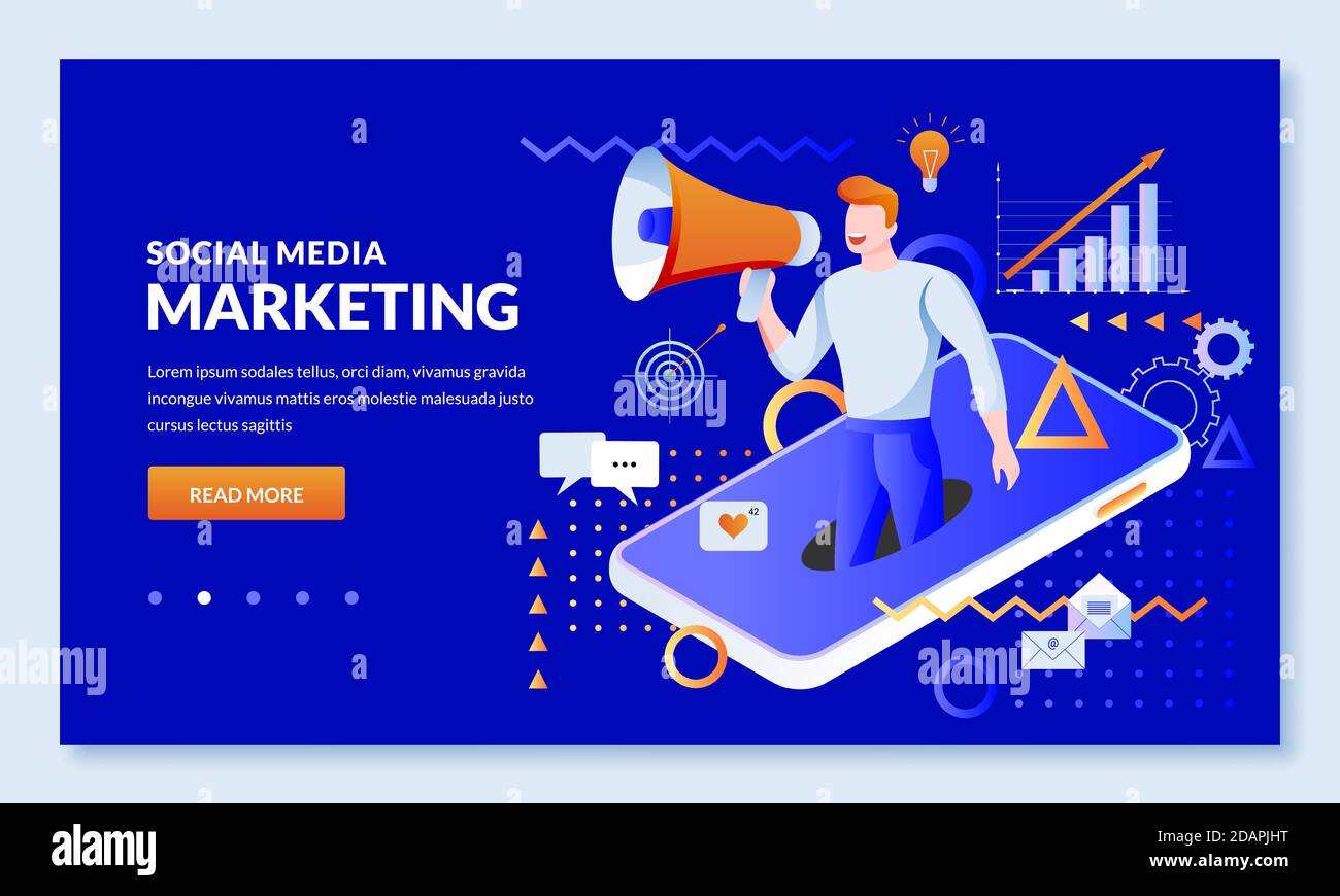 Social media digital marketing business technology concept. Vector illustration. Online communication and advertising strategy. Web landing page, bann Stock Vector