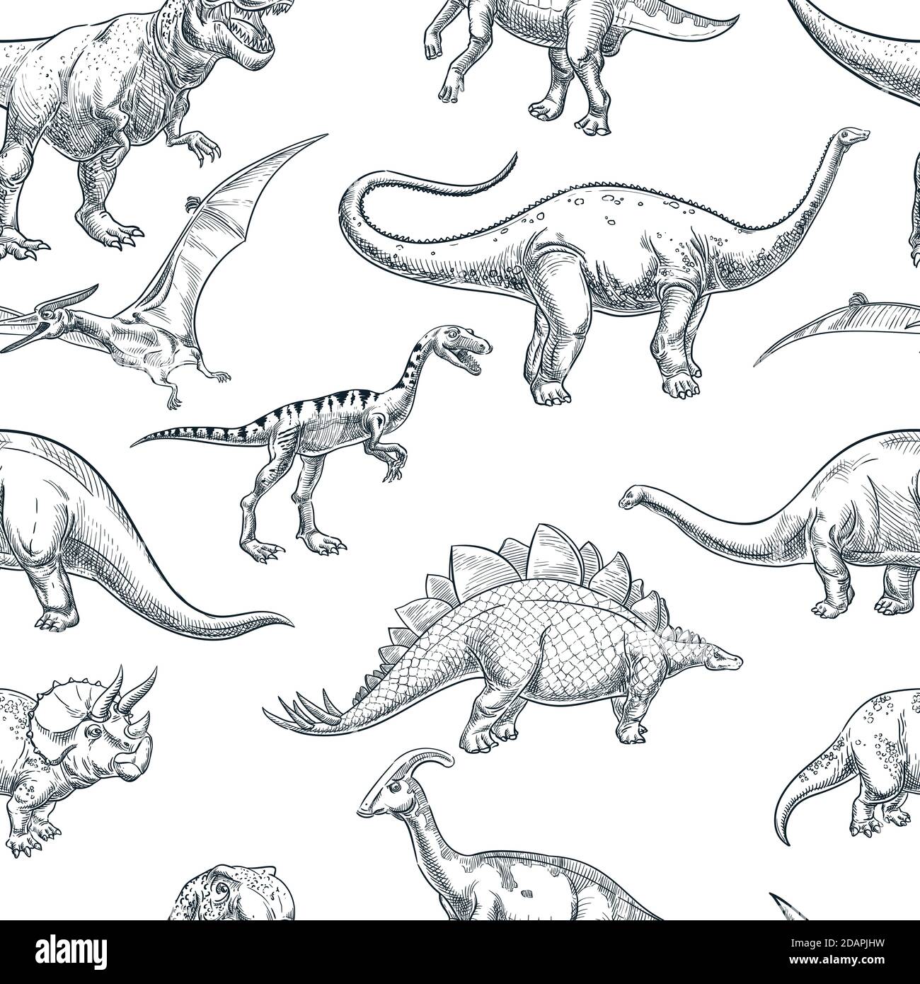 Hand drawn dinosaurs on white background, vector seamless pattern. Trendy sketch illustration for textile kids print, fabric design or wrapping paper Stock Vector