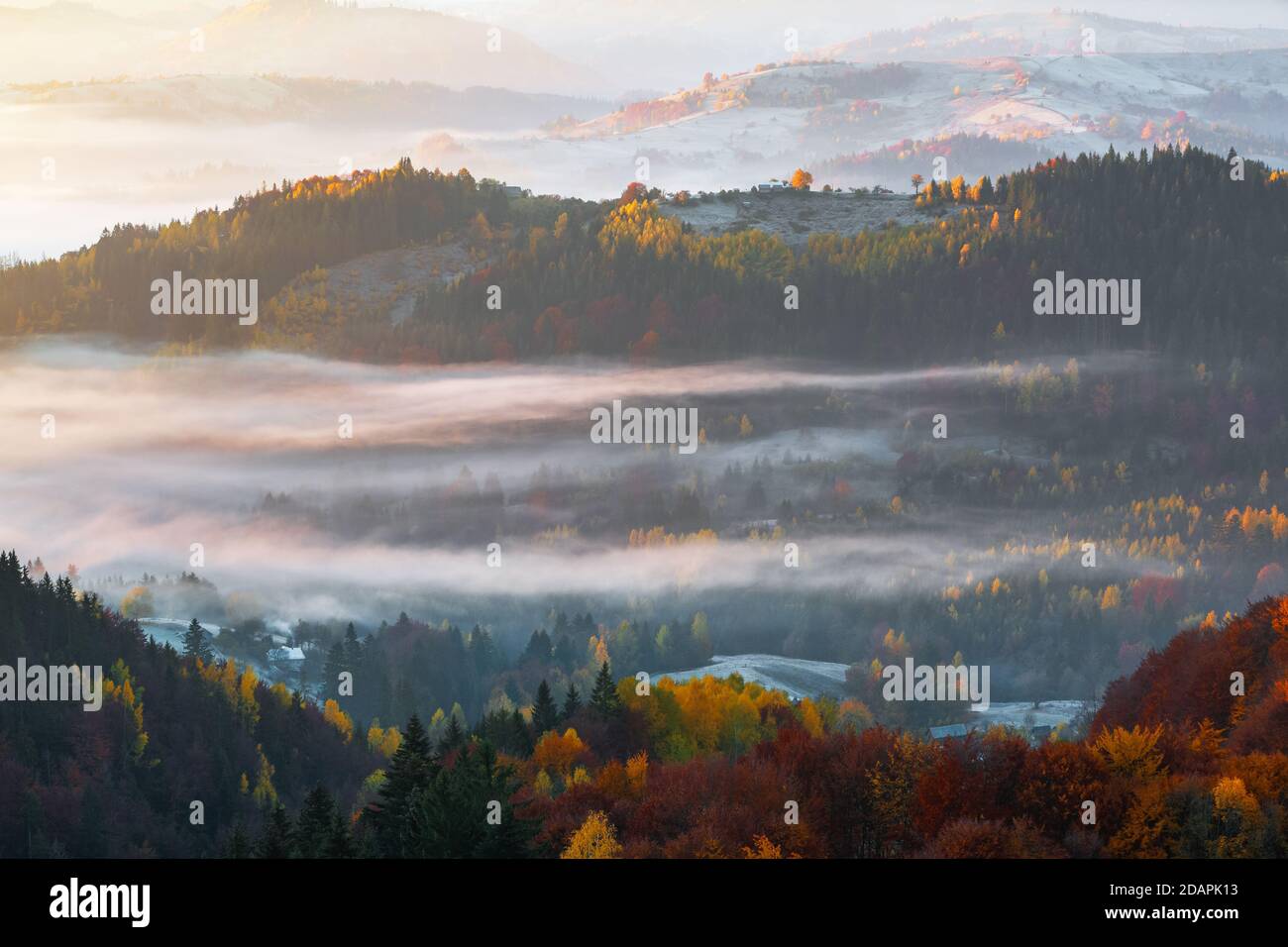 Beautiful autumn rural scenery. Landscape with amazing mountains, fields and forests covered with morning fog. The lawn is enlightened by the sun rays Stock Photo