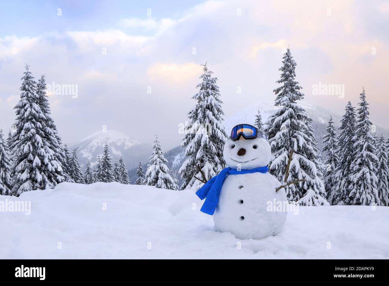 Funny snowman in ski glasses and blue scraf. Winter landscape with trees in the snowdrifts, the lawn covered by snow. Stock Photo