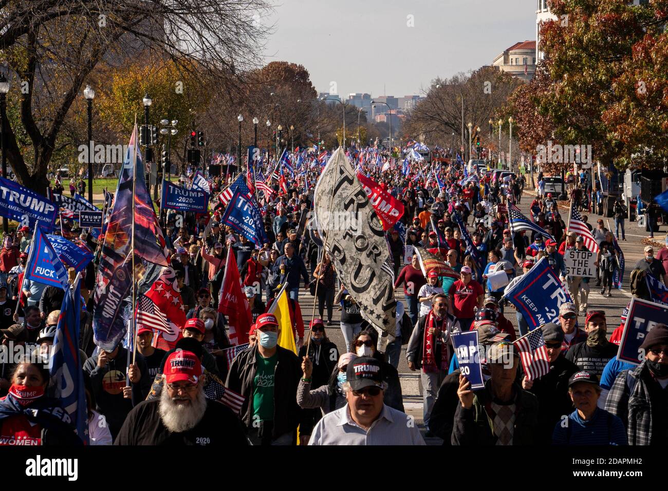 Washington, United States. 14th Nov, 2020. Pro President Trump supporters who are part of the 'Million MAGA March', make their way to the Supreme Court in Washington, DC on Saturday, November 14, 2020. Some of President Trump's staff are pushing to keep him in office in spite of an obvious win for President elect Joe Biden in both electoral and popular votes causing a national security crisis. Photo by Ken Cedeno/UPI Credit: UPI/Alamy Live News Stock Photo