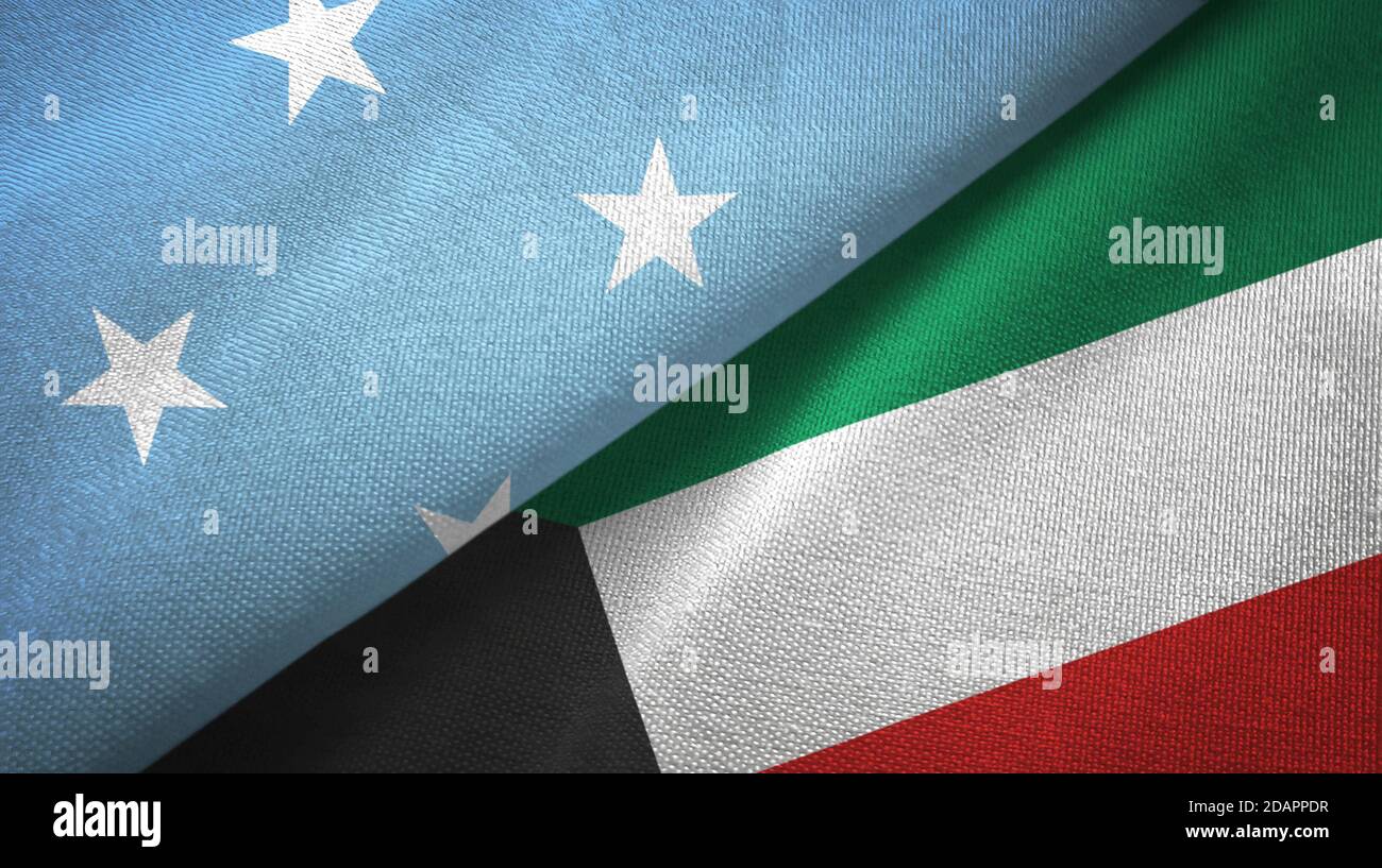 Micronesia And Kuwait Two Flags Textile Cloth Fabric Texture Stock