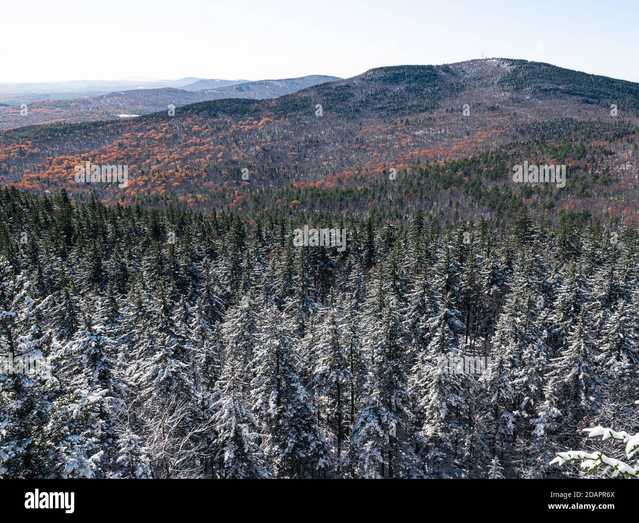 Looking out over the peaks of the Wapack Range after the first snowfall of the year in southern New Hampshire Stock Photo