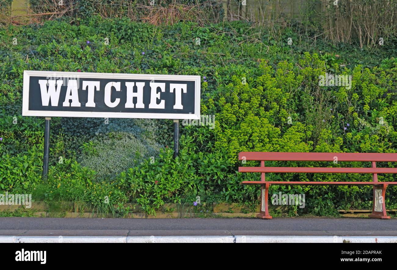 Watchet station bench and platform, West Somerset Railway,Somerset,South West England, UK Stock Photo