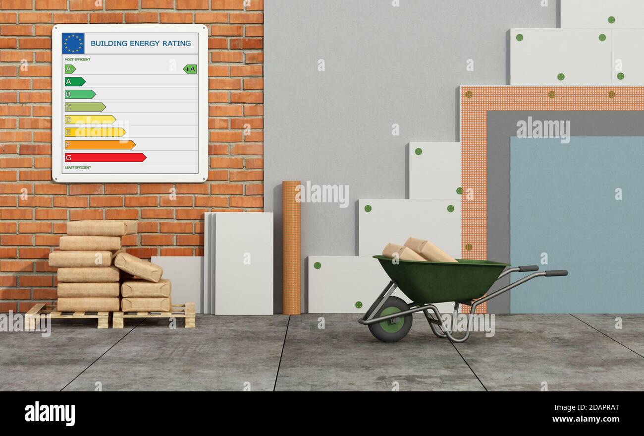 Polystyrene insulation panels on brick wall to improve the thermal