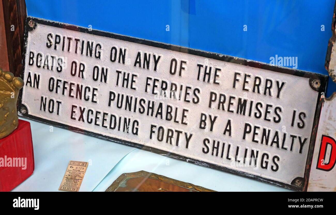 Sign,Mersey Ferriies,Spitting forbidden,punishable by a penalty,Woodside,Birkenhead,Wirral Merseyside,England,UK Stock Photo