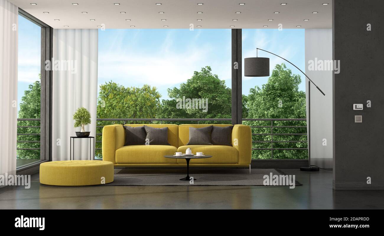 Yellow sofa in front of a large window in a minimalist living room - 3d rendering Stock Photo