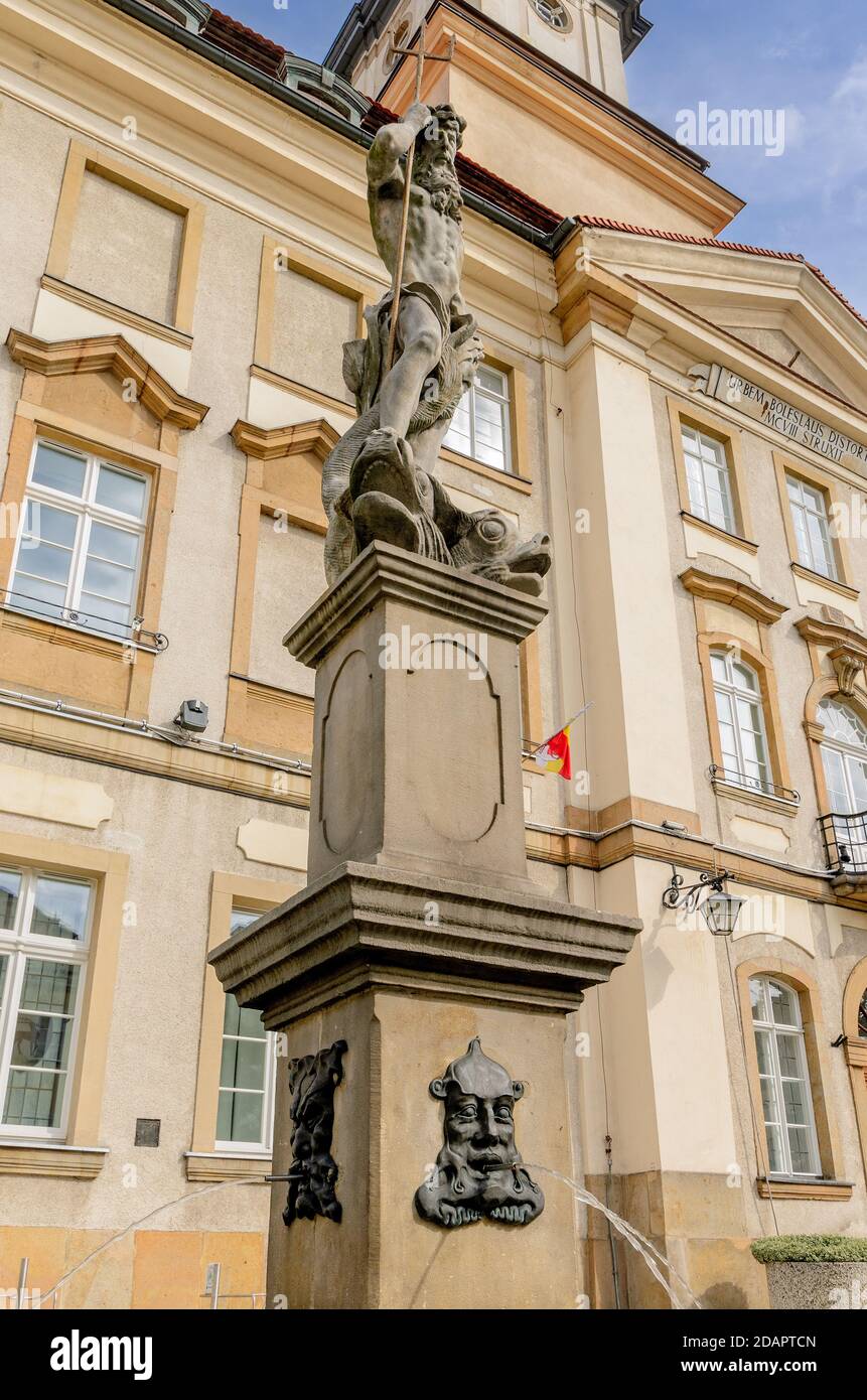 The Neptune fountain in the front of the city hall. City of Jelenia Gora, (ger.: Hirschberg im Riesengebirge), Lower Silesia province, Poland. Stock Photo