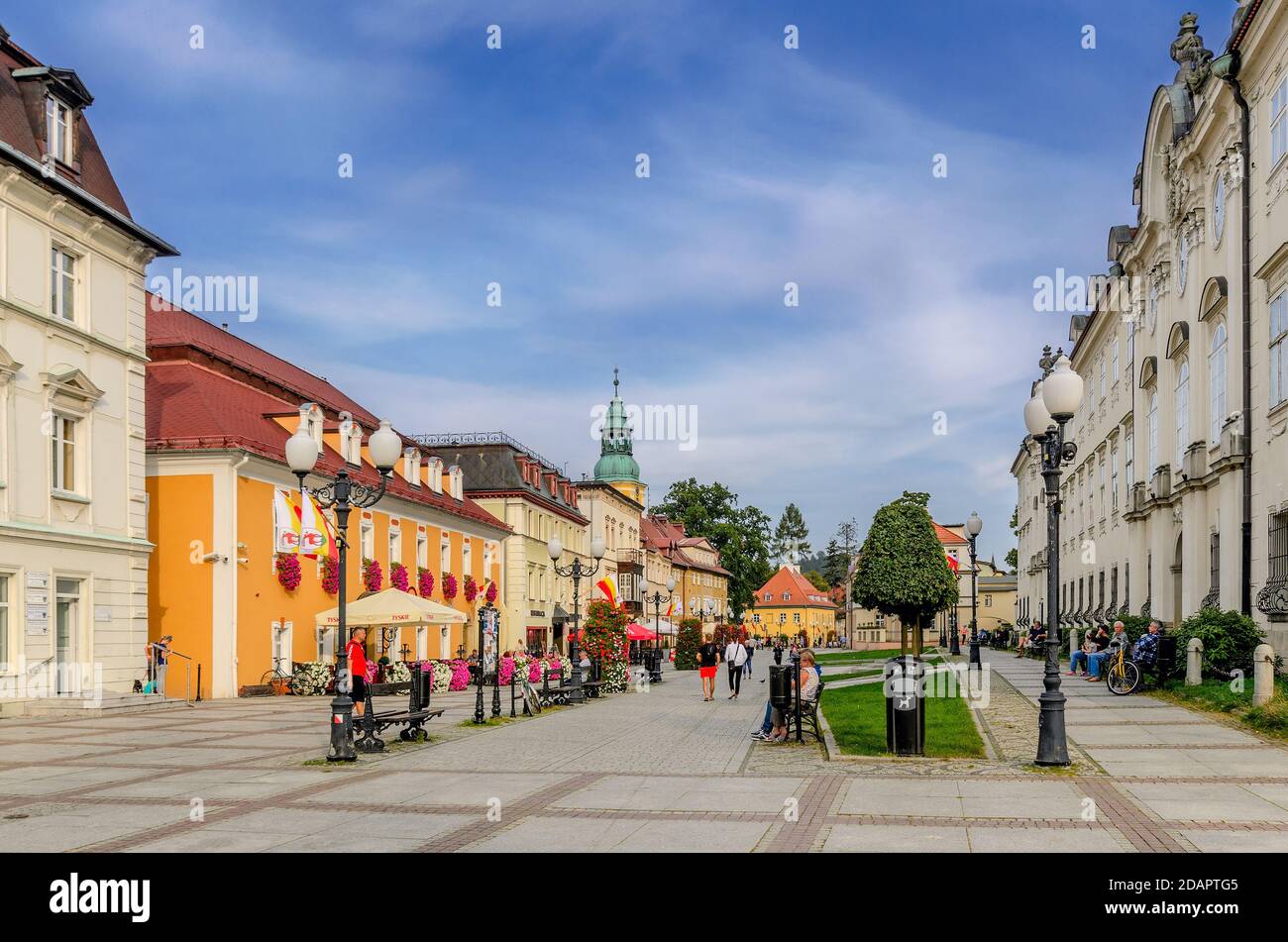 Plac Piastowski, main street of Cieplice Slaskie-Zdroj, Schaffgotsch palace. City of Jelenia Gora, (ger.: Hirschberg im Riesengebirge), Poland. Stock Photo