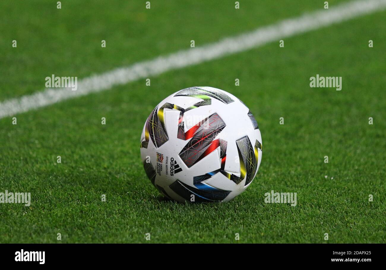 KYIV, UKRAINE - OCTOBER 10, 2020: Adidas Nations League, official match  ball of UEFA Nations League on the grass seen during UEFA Nations League  game Ukraine v Germany at NSK Olimpiyskiy stadium