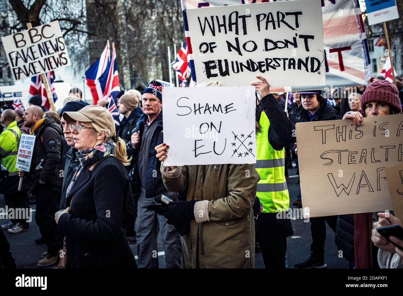 Great Britain / England /London / Brexit supporter takes part in a rally at Parliament square in London. Stock Photo