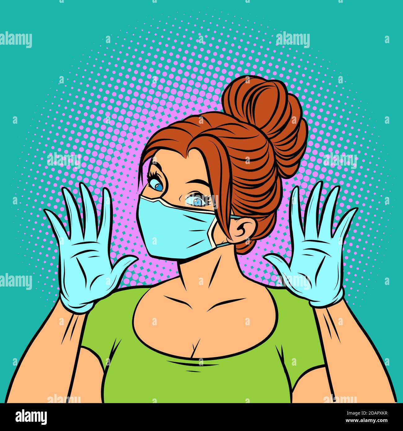 A woman wearing medical gloves and a mask Stock Vector