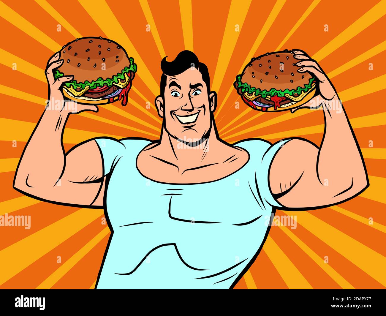 Strong muscular man with burgers Stock Vector