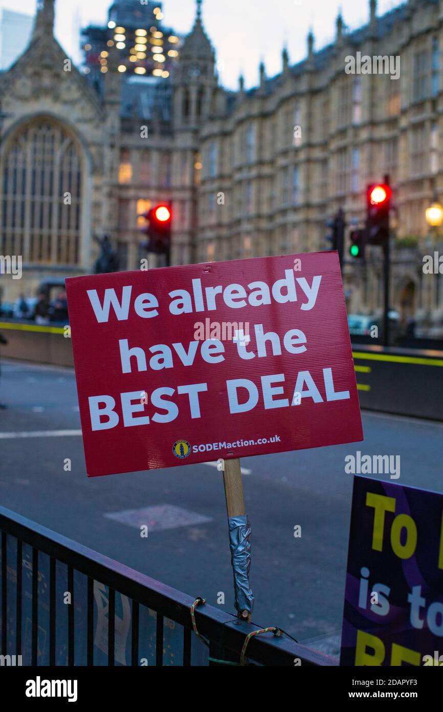 GREAT BRITAIN / England / London /Anti-Brexit  placard outside the Houses of Parliament on the 29th January 2019 in London, United Kingdom. Stock Photo