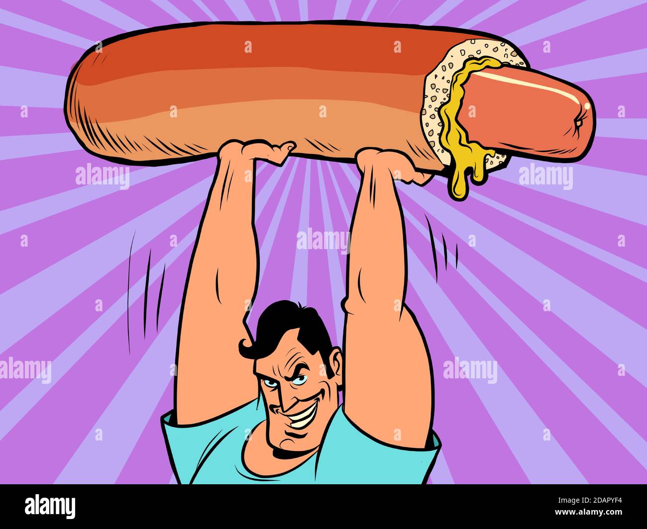 a strong athletic man lifts a huge hot dog Stock Vector