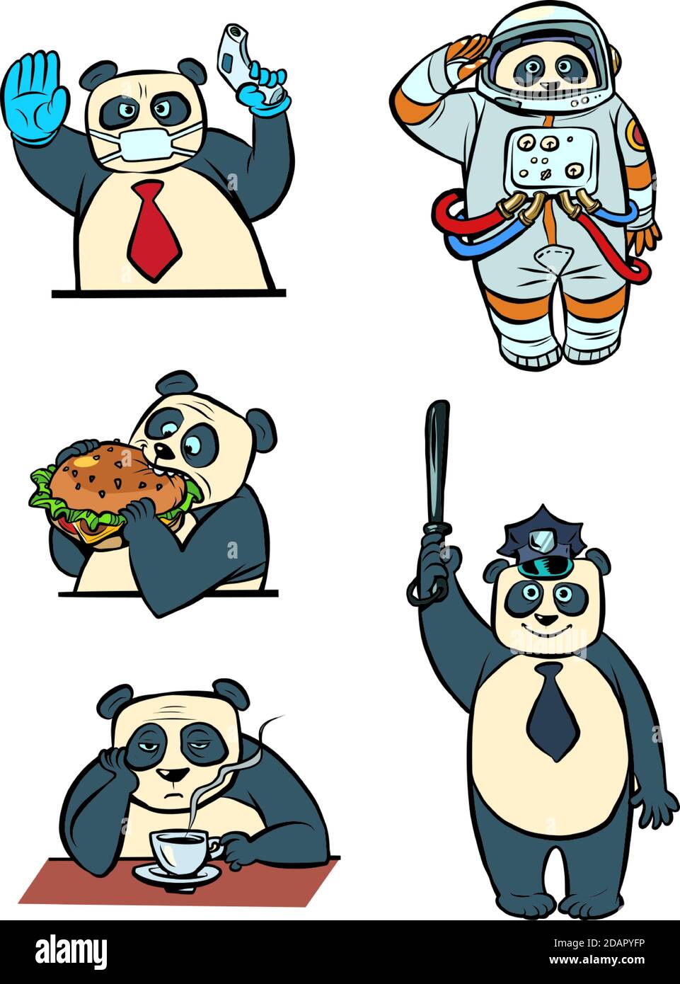 Panda different characters taikonaut police doctor businessman collection set character, cute animal Stock Vector