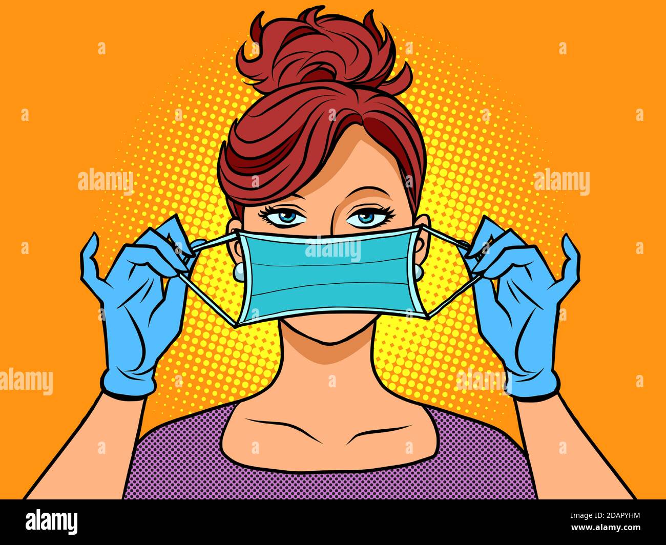 A woman wearing medical gloves and a mask Stock Vector