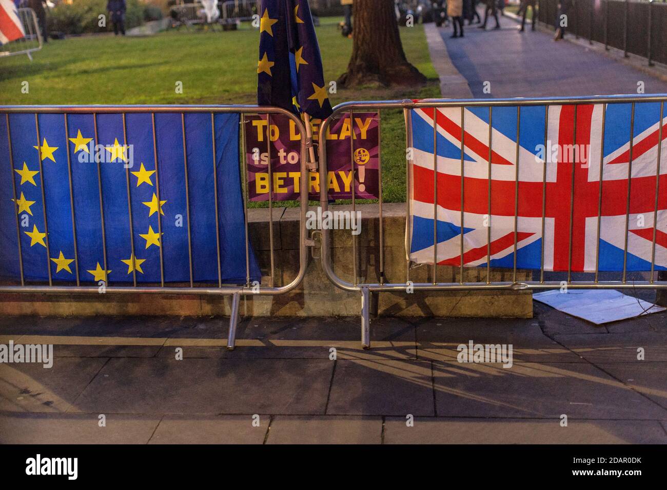 GREAT BRITAIN / England / London / Union flag and  European Union flag outside the Houses of Parliament on the 29th January 2019 . Stock Photo