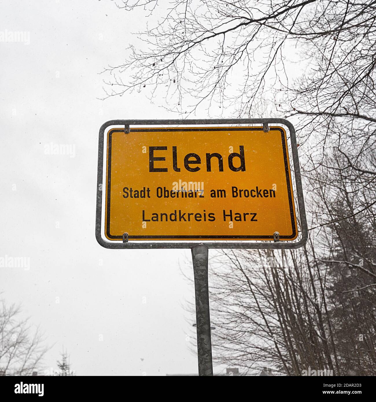 City limit sign Elend, dreary winter weather, district Elend, Oberharz am Brocken, district Harz, Saxony-Anhalt, Germany Stock Photo
