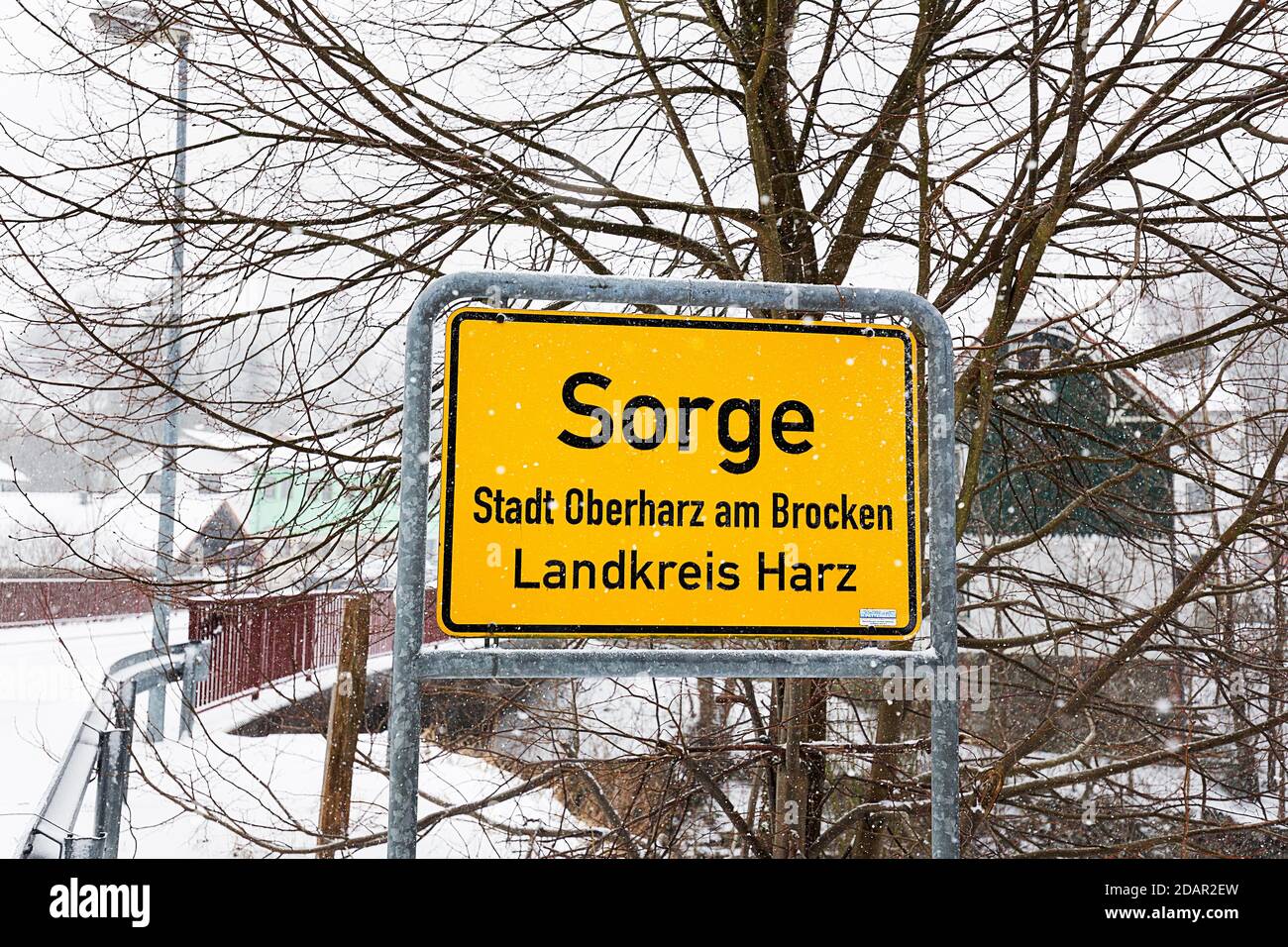 City limit sign Sorge, dreary winter weather, district Sorge, Oberharz am Brocken, district Harz, Saxony-Anhalt, Germany Stock Photo