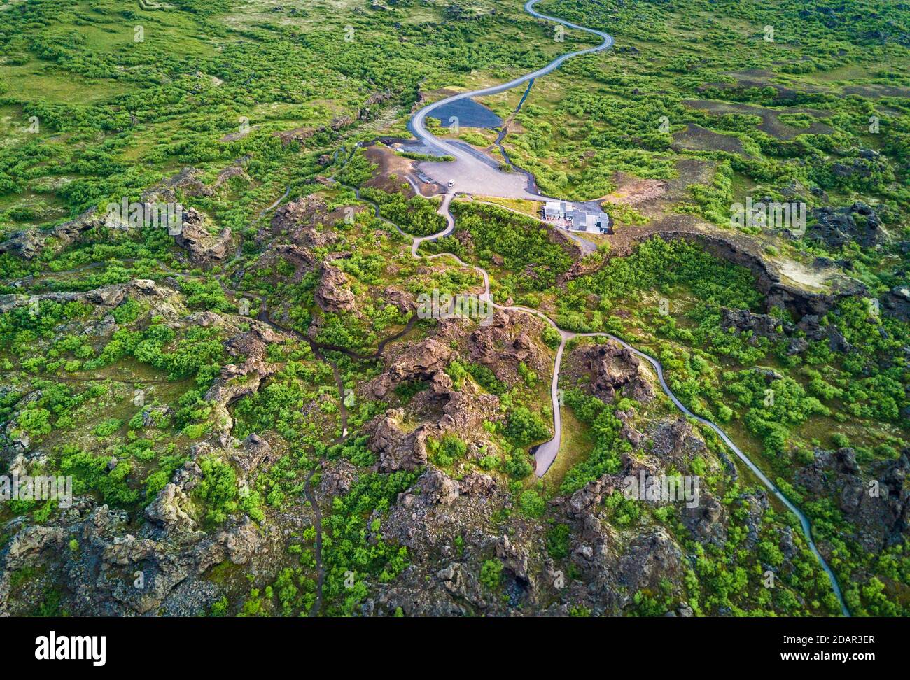 Aerial view of the visitor centre at the lava field Dimmuborgir, Skutustaoir, Norourland eystra, Iceland Stock Photo