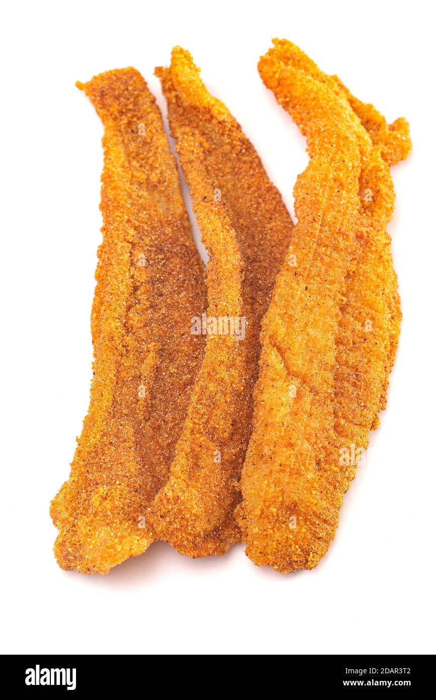 Breaded and Fried Fish Fillets Isolated on a White Background Stock Photo