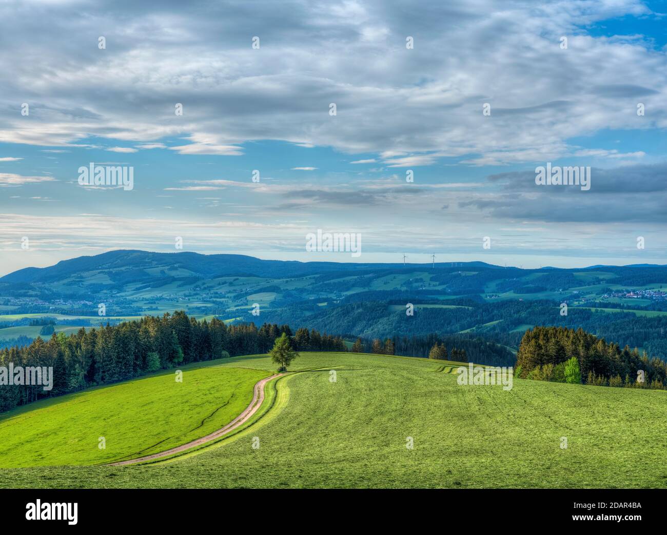 May landscape with views of Kandel and St, Peter, attractive cloudy sky and clear air. Late afternoon, spring in the Upper Black Forest, Black Stock Photo