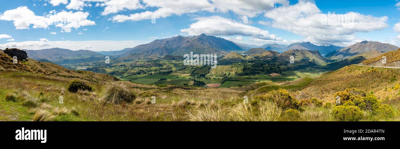 View of the surrounding mountains with The Remarkables mountain range and Lake Wakatipu, Coronet Peak Ski Area, Otago, South Island, New Zealand Stock Photo