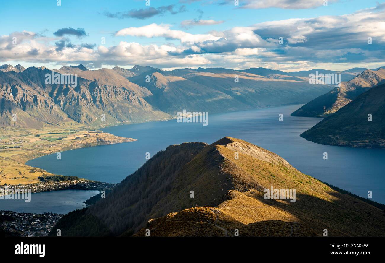 View of Lake Wakatipu, Ben Lomond, Southern Alps, Otago, South Island, New Zealand Stock Photo