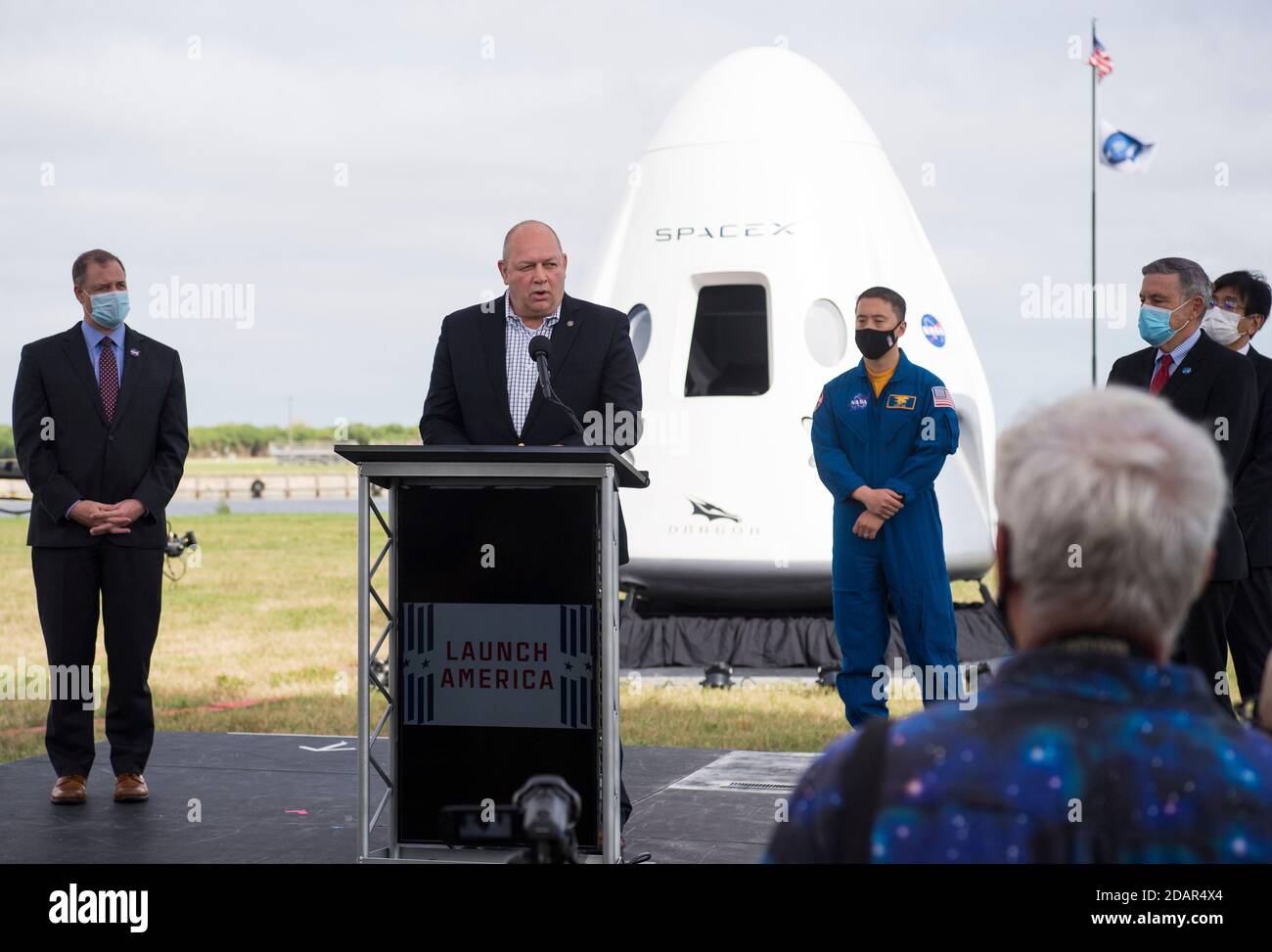 FAA Administrator Stephen Dickson, center, speaks to members of the media during a press conference ahead of the Crew-1 launch at the Kennedy Space Center November 13, 2020 in Cape Canaveral, Florida. Stock Photo